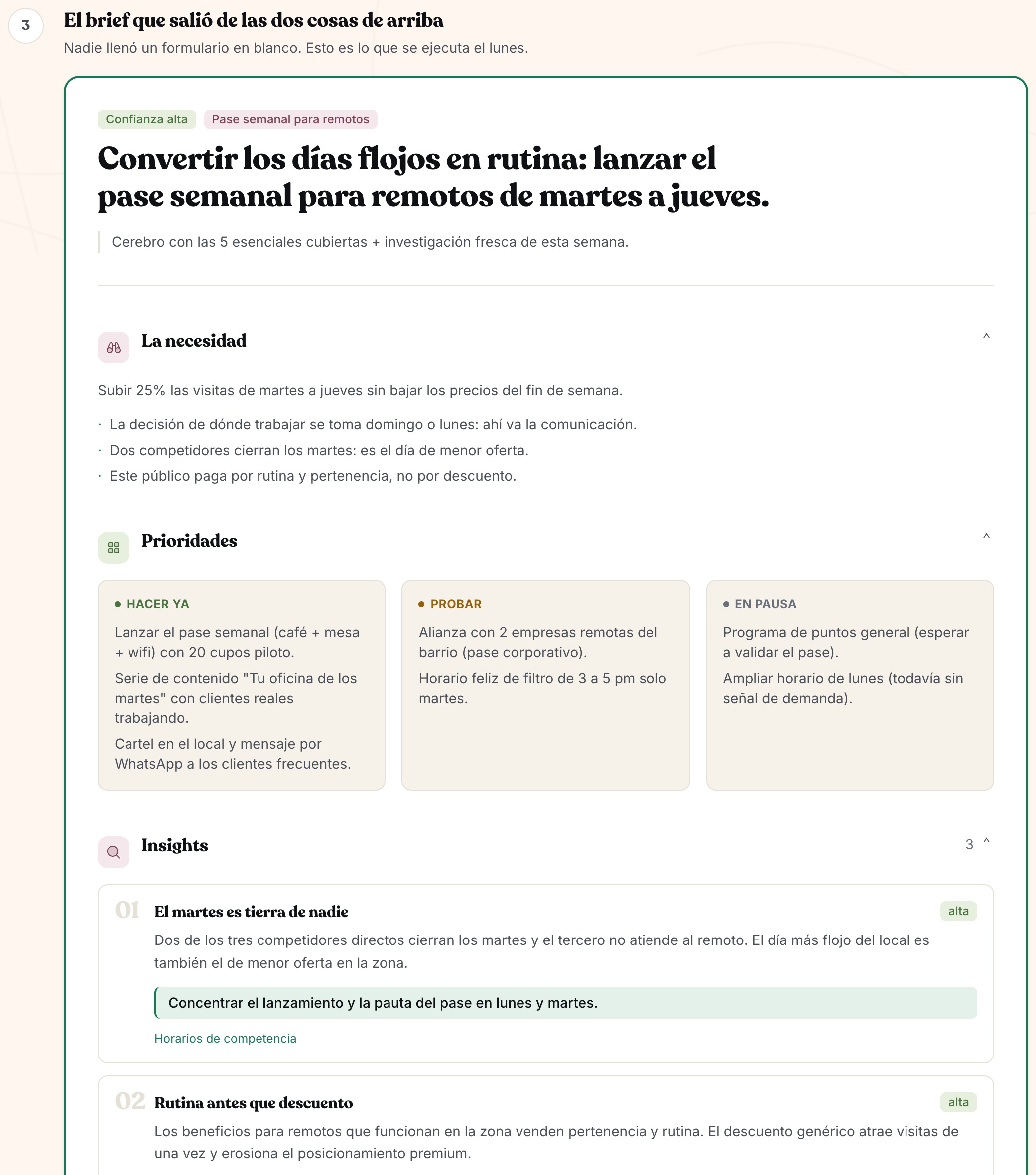 Un brief real: titular con la apuesta del ciclo, la necesidad, prioridades para hacer ya, probar y en pausa, e insights numerados.