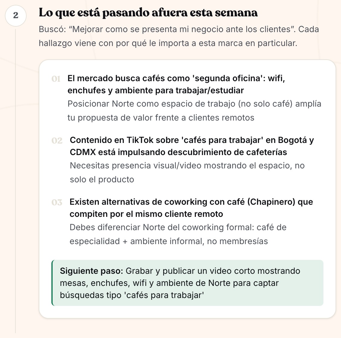 La investigación de la semana: tres hallazgos numerados, cada uno con por qué le importa a esta marca, y abajo el siguiente paso concreto.